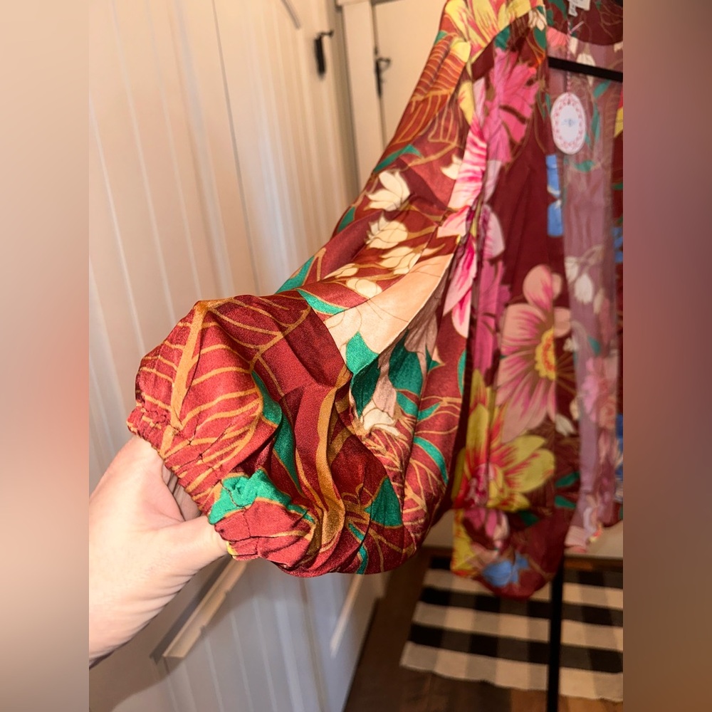 NWT Umgee Size S/M Burgundy Floral Open Front Cardigan with Pink Yellow Accents - Picture 3 of 7